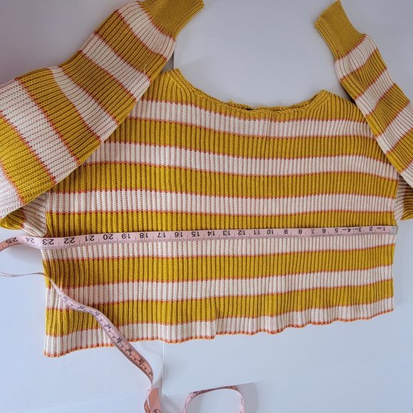 Free People Bateau Neck Striped Cropped Midriff L/S  Sweater Size XS Gold Beige - Picture 5 of 12